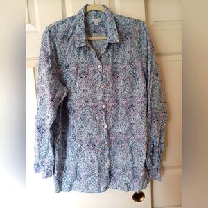 J. Jill Love Linen Blue Purple Paisley Print Essential Button Down Shirt Size XL